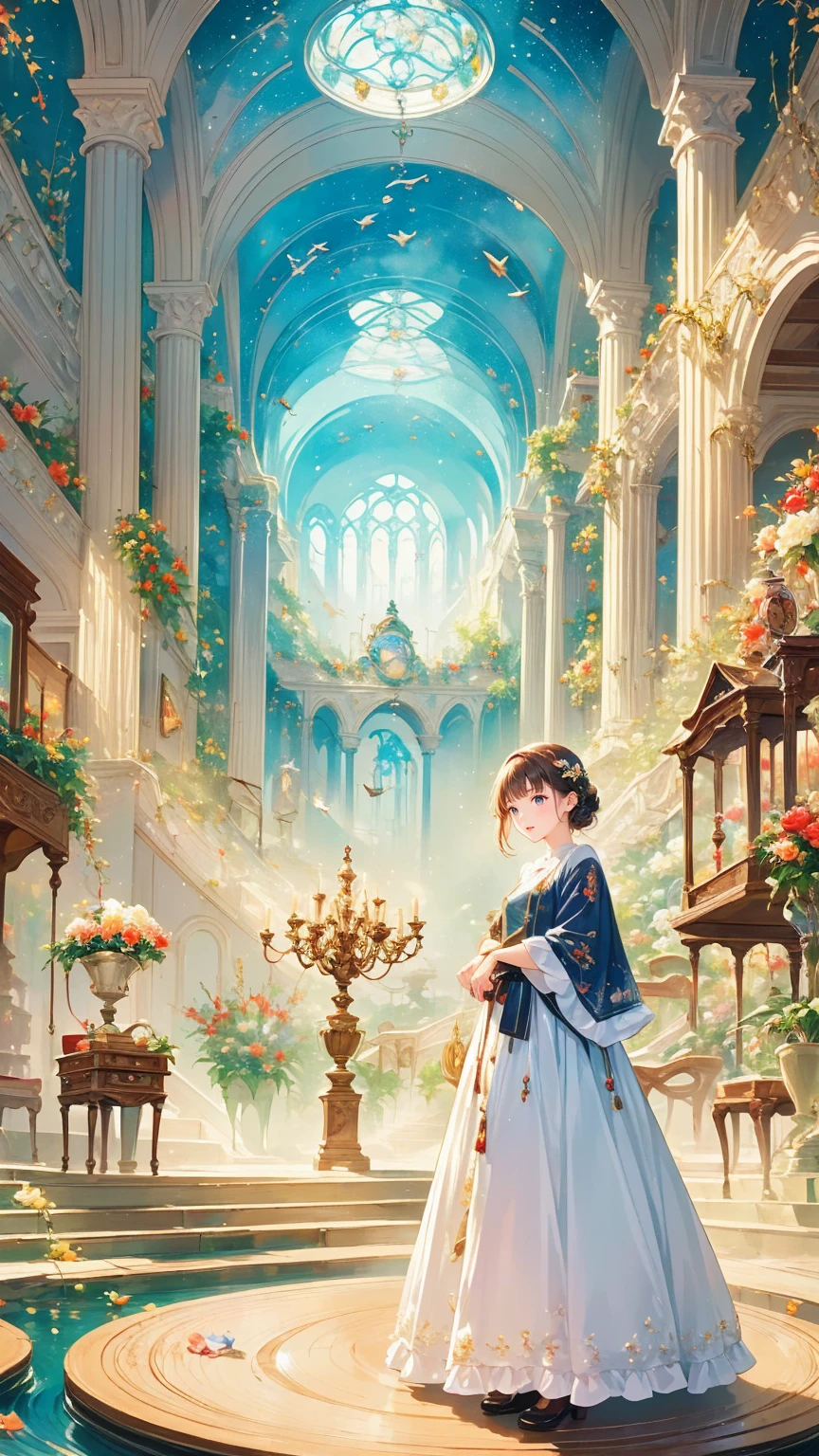 ,  full body view, Head to Toe Composition,Create an illustration of a fantastical space filled with countless intricately crafted clocks.. Each watch exudes nostalgia and wonder, The overall look creates a fascinating and nostalgic atmosphere.. These clocks are floating in a space-like void.,  Creates a fantastical atmosphere,  . Standing at the center of this enchanting scene, A lonely young girl, Her presence、Adding innocence and curiosity to the space. The wonder of her big eyes、Reflects the magical essence of the scene, The whole illustration looks dreamy and charming..
