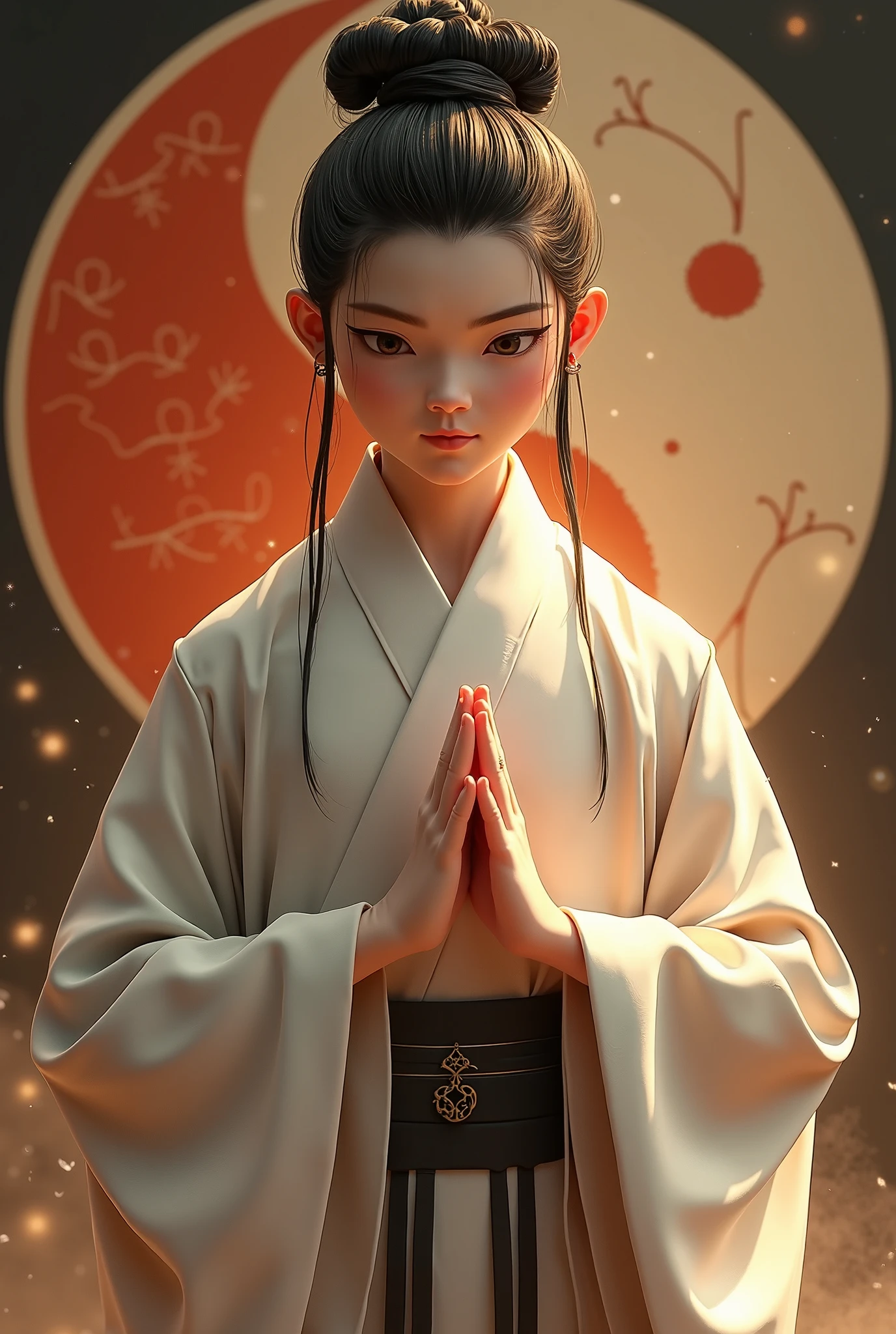 A cute Chinese female monk sitting in a crossed-legged position, with a shaved head and wearing traditional white robes. She has large, adorable eyes and a very cute, detailed facial features. Her body is detailed and chubby, and her clothes are intricately designed. The image is of photo-realistic quality with a scale of 1.4. It has a surrealistic art style and is in high resolution with 8K definition. The artwork is highly detailed and is the best quality similar to the illustrations of Aya Yanagihara. The female monk's eyes are very detailed and the overall image is extremely detailed. The lighting in the scene is bright and professionally lit, emphasizing the traditional architecture and the background of the moonlight.