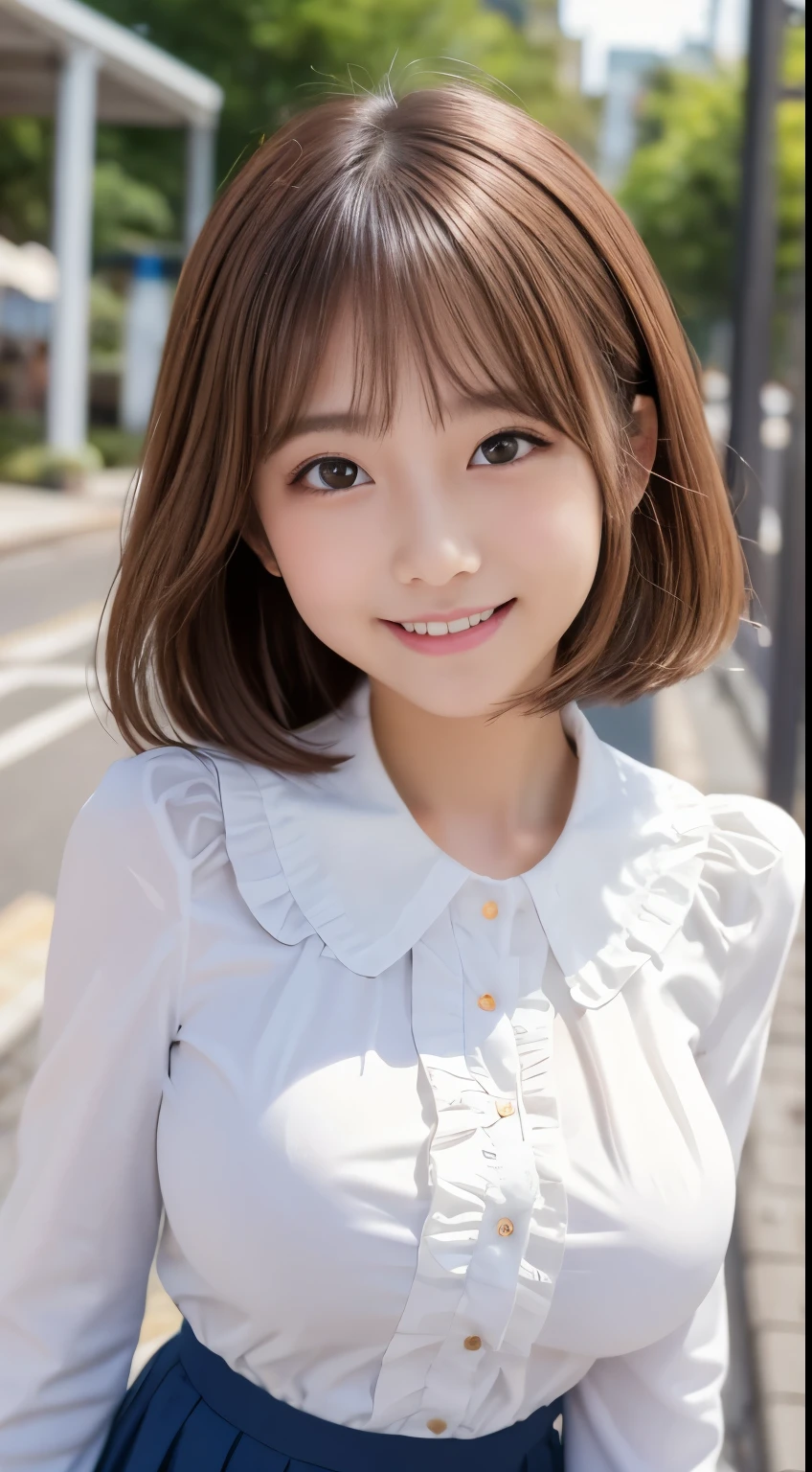 .................,, In front of school、 skirt、white long-sleeved shirt with ruffles on the chest、格子柄 skirt、On, , sakimichan,, So cute and cute , , nice smile, sakimichan hdri、Lori、 boobs、Beautiful breasts 、,(Big Breasts:1.20),(:1)、 brown hair、 brown hairの髪、、 short hair、Cute pose、 closes her mouth