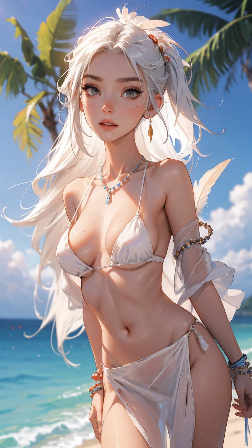 （lifelike， high - resolution：1.3）， 1 girl with a perfect body，slender body, Supene face and eyes，assasin, dark makeup, shiny skin，white hair, (native american bikini, feathers in hair, feathers, beads, loin cloth, bead jewelry, tan lines,  tassles)，Expose cleavage, (bracelets, tooth jewelry, a lot of necklaces, very long necklaces, necklaces down to stomach, body chains, waist chains), shiny skin