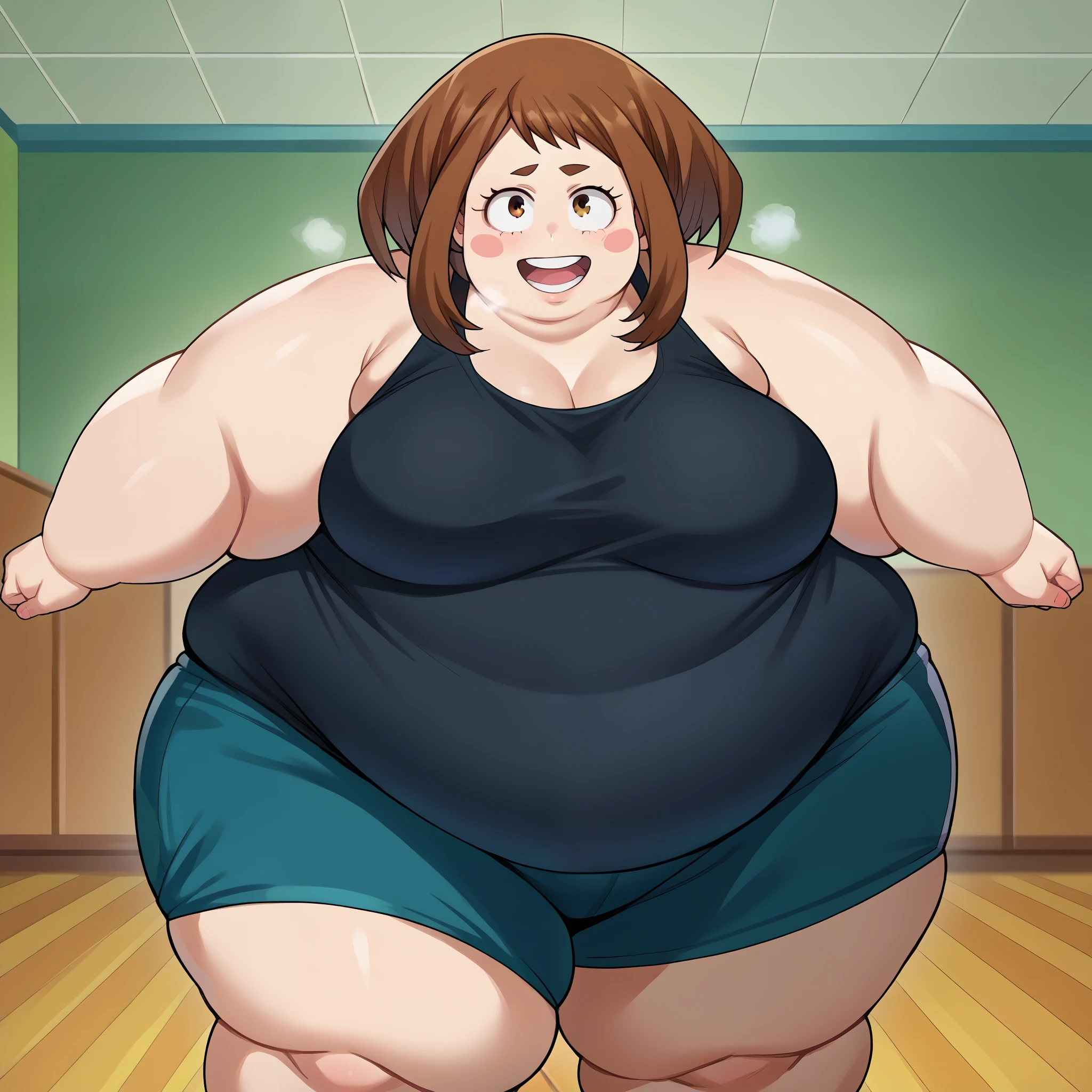 score_9, score_8_up, score_7_up, source_anime,
ochakouraraka, ochako uraraka, brown eyes, brown hair, short hair, blush, blush stickers, smile,
bare shoulders, black tank top, blue shorts, black tank top, track shorts,
indoors,
looking at viewer,  fat, chubby, obese, gigantic arms and legs, large breasts open mouth, out of breath, full body shot 