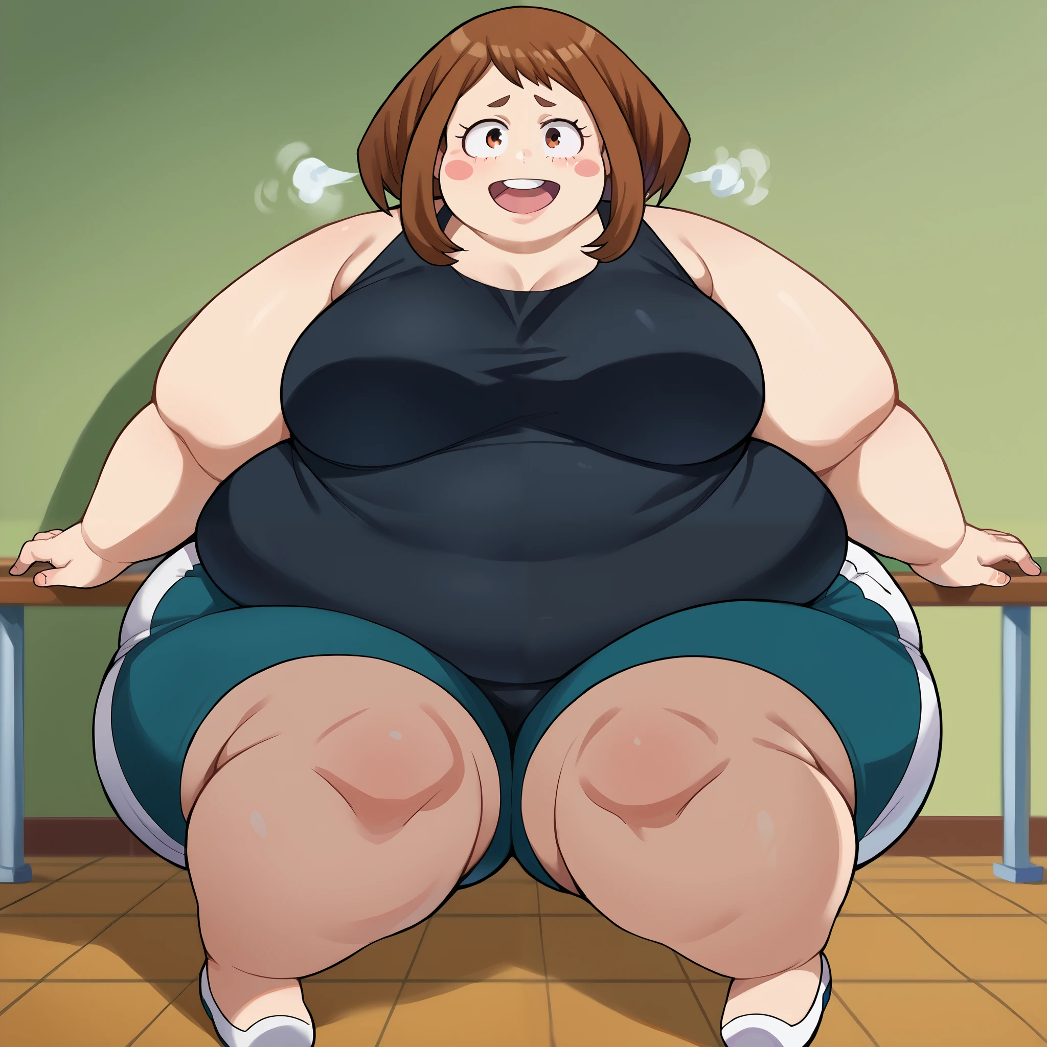 score_9, score_8_up, score_7_up, source_anime,
ochakouraraka, ochako uraraka, brown eyes, brown hair, short hair, blush, blush stickers, smile,
bare shoulders, black tank top, blue shorts, black tank top, track shorts,
indoors,
looking at viewer,  fat, chubby, obese, gigantic arms and legs, large breasts open mouth, out of breath, full body shot 