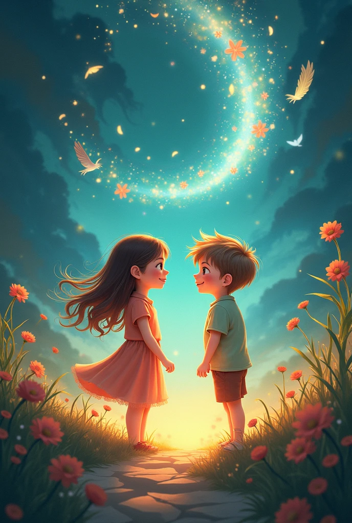 Girl and boy with black hair on a meadow with flowers and fireflies.it's night.There are stars.his hair blows in the wind. He cries but smiles. He listens to music.gibili style