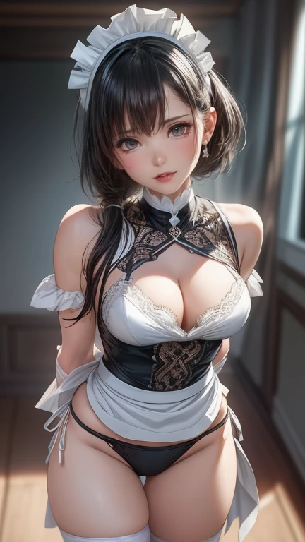 masterpiece,  best quality,  Extremely High Definition CG Unity 8K Wallpaper, ( beautiful woman ), Wendy,   Black Bob Hair  , (( flat chested,Thighs)),   (( maid outfit ,))(( absolute domain)), ((upscale white lace panties)), (),  Oil Skin, (Bewitching Smile), (Wonderland),  cute face , Key Art,  Award-winning,  Realism with Delicate Details HDR , by (Ruanjato Artgerm and Murata Renji ),  photorealism,  hyperrealism ,   surrenders ,  dramatic light , Dark Shadows, Great view,  depth of writing,(( Lift Skirts ))((Focus on panties))、 smirking 、sweat、Wet、See-through