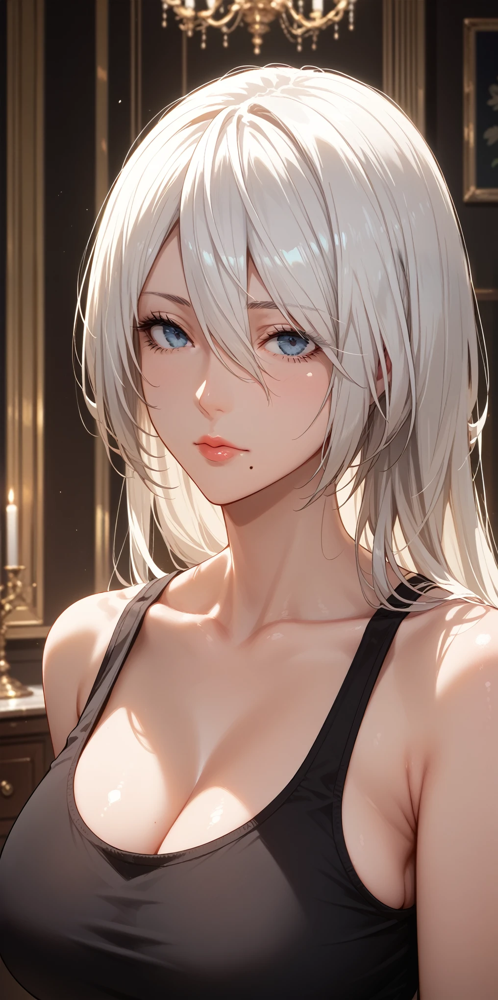 Score_9, Score_8_up, Score_7_up, Source_anime, anime art, anime style, very aesthetic, masterpiece, high quality, 1girl, cool character, mature woman, milf, curvaceous, mole under mouth, black tank top, navel, white hair, long hair, hair between eyes, expressionless, 2b, yorha no. 2 type b, home, soft light, upper body, perfecteyes