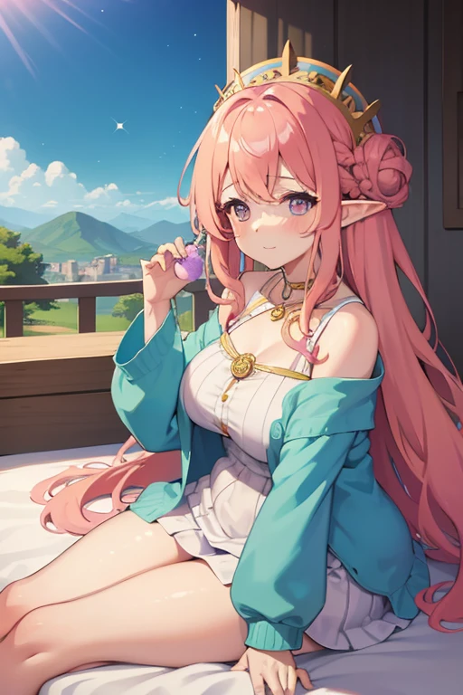  A chubby woman who is a goddess and a young adult. She has long pastel pink hair that is in a pretty braided updo. She is wearing a constellation goddess outfit. Her eyes are golden yellow and she is wearing cute makeup. She has a flower hairpin in her hair and is wearing a heart shaped locket. She has pointy elf ears. She is laying on a bed whilst being fucked. Fullbody character sheet.