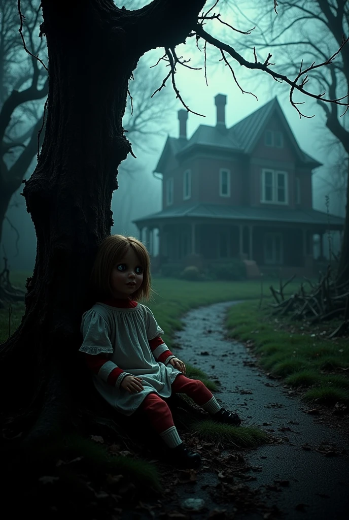 ((masterpiece)) ((photography)) ((Highest quality)) A realistic and dynamic image of a haunted mansion nestled in a dark, eerie forest. The scene is bathed in a gloomy, shadowy ambiance, with twisted, bare trees surrounding the mansion. In the foreground, a terrifying doll reminiscent of Annabelle sits ominously at the base of a gnarled tree, her unsettling gaze fixed on the viewer. The atmosphere is enhanced by random, chaotic effects—flickering ghostly lights, swirling mist, and faint, distorted shadows that seem to move unpredictably in the background. The entire scene exudes an unsettling and chaotic sense of dread..