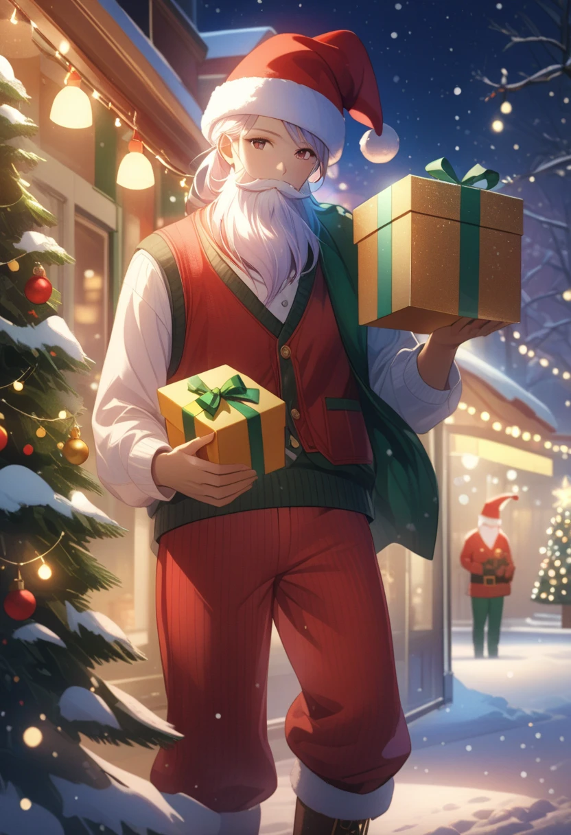 anime, 1 guy,  red vest ,  Christmas hat ,  white beard ,  Red Feather Pants , boots,  Holds a Gift in Hand , beautiful colors, bright colors,  Complex Details ,  background near a Christmas tree with garlands, beautiful lights, Night Buildings ,  New Year Snow , It&#39;s snowing, masterpiece, 8 k,  best quality, core_9, score_8_up, score_7_up