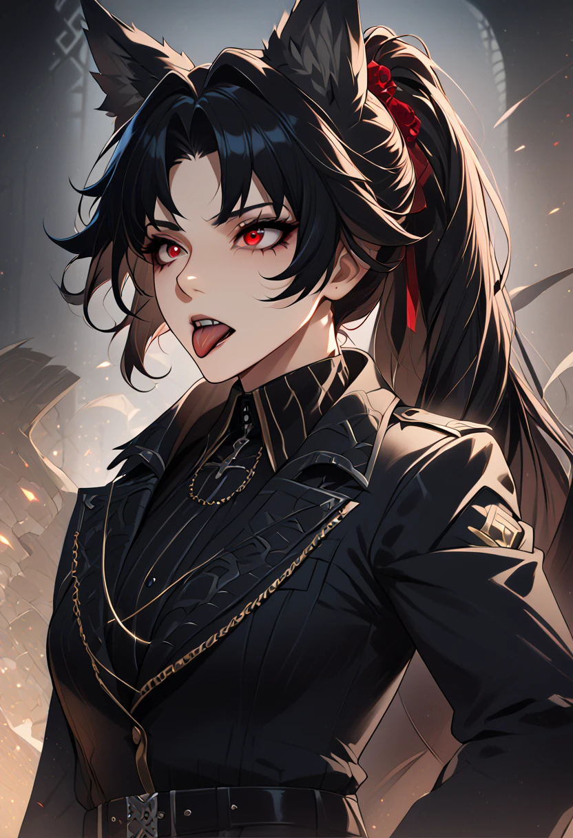 beautiful anime woman wearing a black military trench coat, tight black jeans pants, wolf ears, wolf tail, half wolf and half human, red eye color, black hair in a ponytail, light novel art, detailed anime art, anime, regal, royal, sexy, thicc, beautiful feminine facial features, flirtatious, sultry, slutty, petite, sharp canines, aheago, villain, all black clothing, high quality, very detailed anime art, feminine, slender face, military general vibes, pretty girl, good lighting, close up shot of face, sticking her tongue out expression, lewd