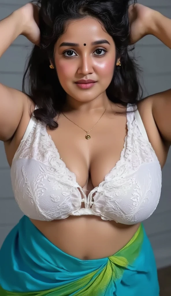 front view, extreme long shot photo of sexy indian, look at viewer and subtle smile, curvy athletic figure, open arms, sexy armpits, sweating, doing push ups in fog, ponytail, necklace, white see through lace bra, blue and green  saree, glossy lips, (cinematic:1.3), intricate details, (ArtStation:1.2)