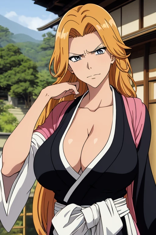 masterpiece,  best quality, matsumoto rangiku,  long hair,  Black Kimono,  clevis, sash,  Big Breasts ,  Watch Viewers , Frowning, smile,  Japanese architecture, close-up,  upper body, shiny skin,  Arm Bras , throw