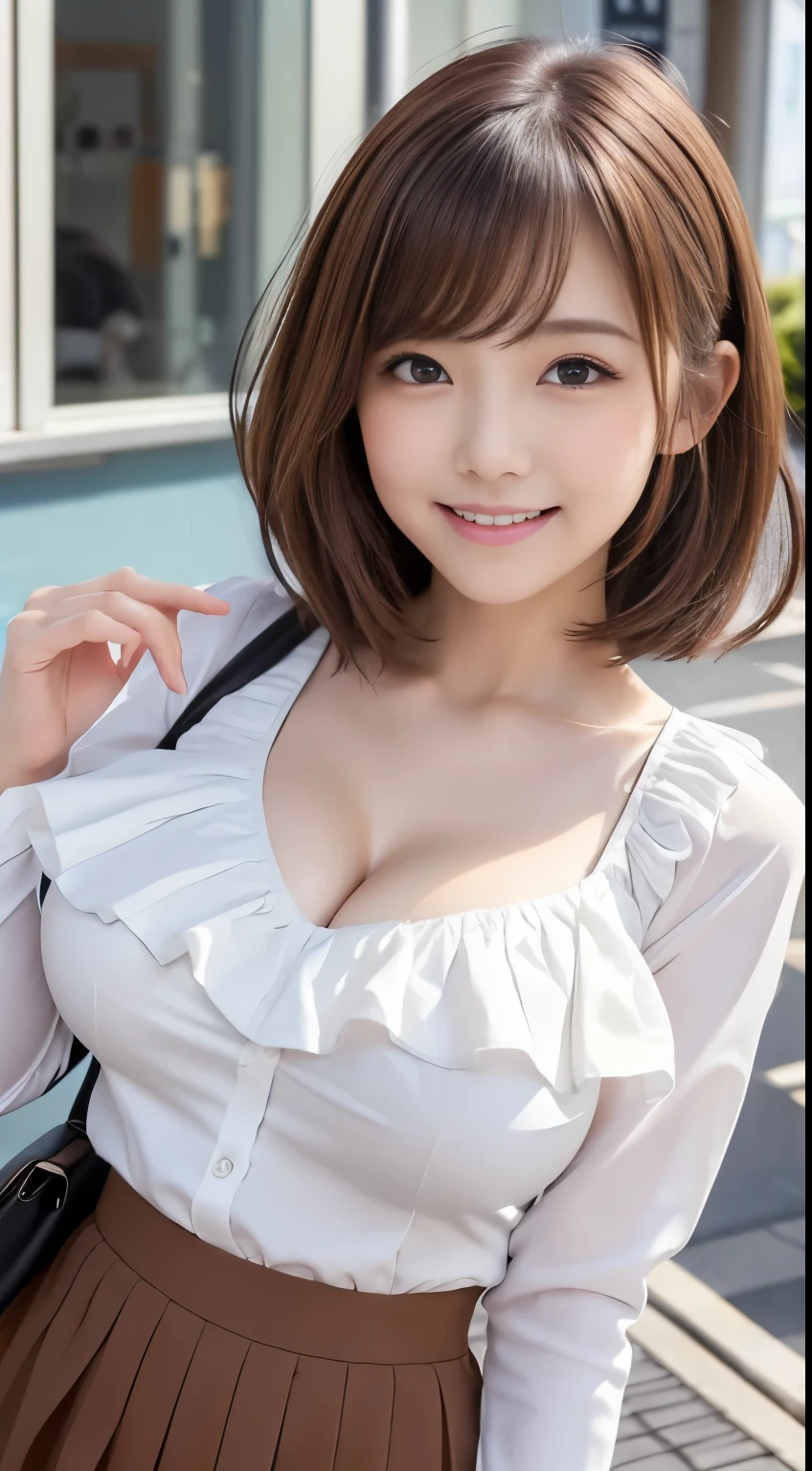  .................,, In front of school、   skirt 、Long-sleeved white shirt with ruffles on the chest、格子柄 skirt、On, , sakimichan,, So cute and cute ,   , nice smile, sakimichan hdri、Lori、 boobs、Beautiful breasts 、,(Big Breasts:1.20),(:1)、 brown hair、 brown hairの髪、、 short hair、Cute pose、 closes her mouth