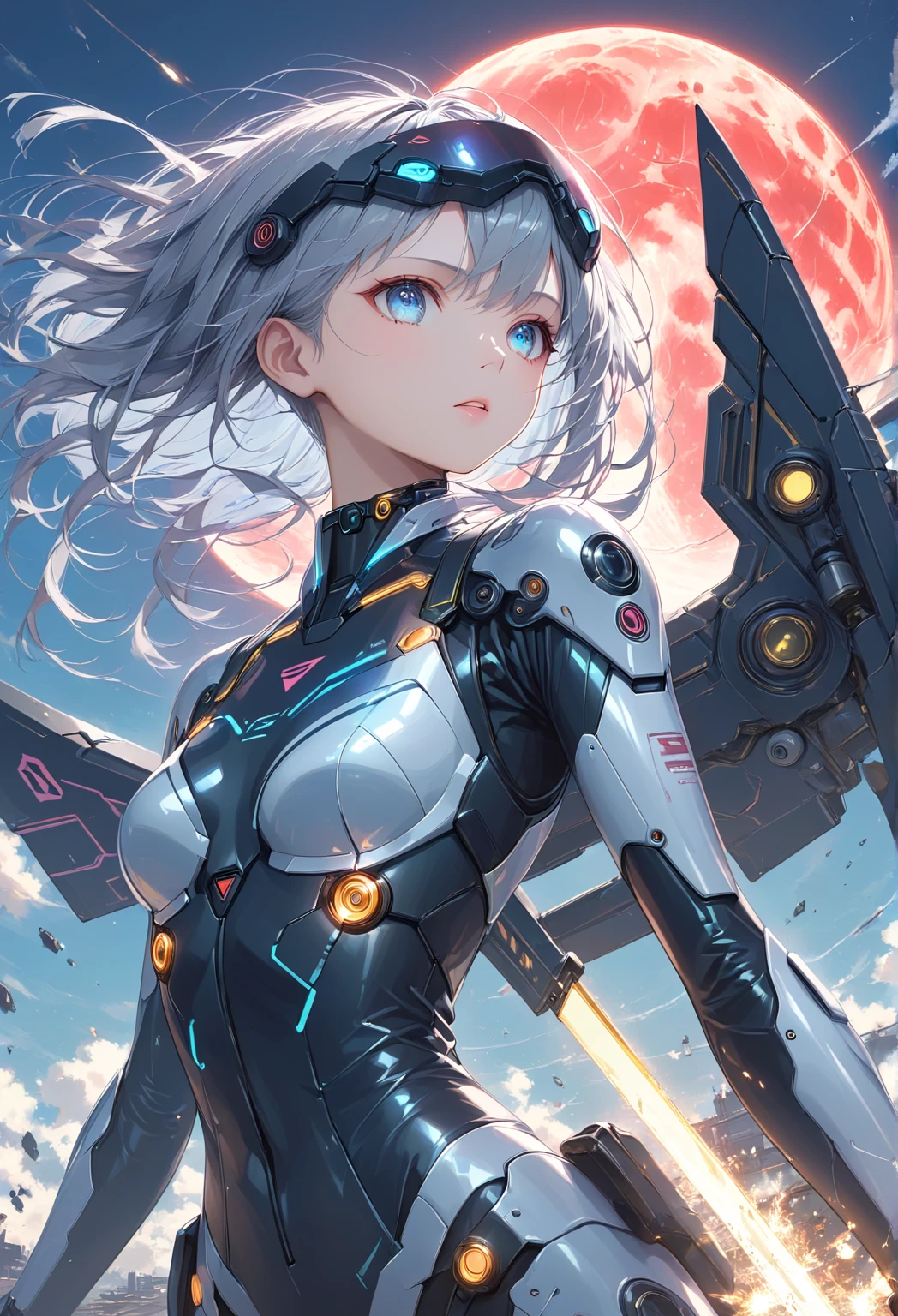 (Highest picture quality),(Master's work),(ultra-detailed),(Detailed eye description:1.0),masterpiece,best quality, detailed background, 1 girl, mature,cyber body,cyber legs, space station, techwear, tech armor, stars, space, nebula ( <lora:more_details:1.5>)