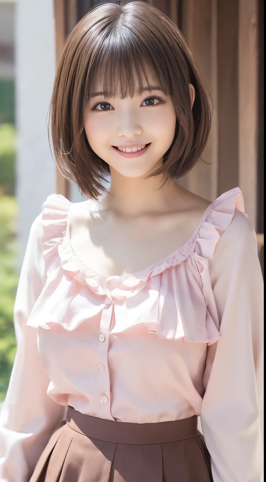  .................,, In front of school、 skirt 、Pearl pink long sleeve shirt with ruffles on the chest、格子柄 skirt、On, , sakimichan,, So cute and cute ,  nice smile, sakimichan hdri、Lori、 boobs、Beautiful breasts 、,(Big Breasts:1.20),(:1)、 brown hair、 brown hairの髪、、 short bob、Cute pose、 closes her mouth