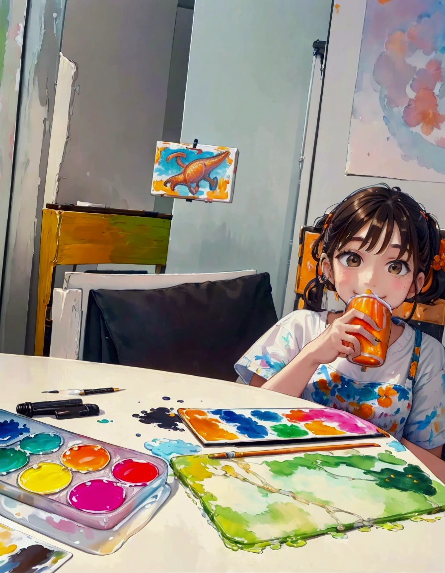 smiling and sitting at a table drinking a pack of orange juice using a straw, intricate oil painting, inspired by Abidin Dino, colorful painting, he is an artist, master painting, finger painting, watercolor painting, art station, (art station), oil painting, 8k masterpiece painting, stroke painting