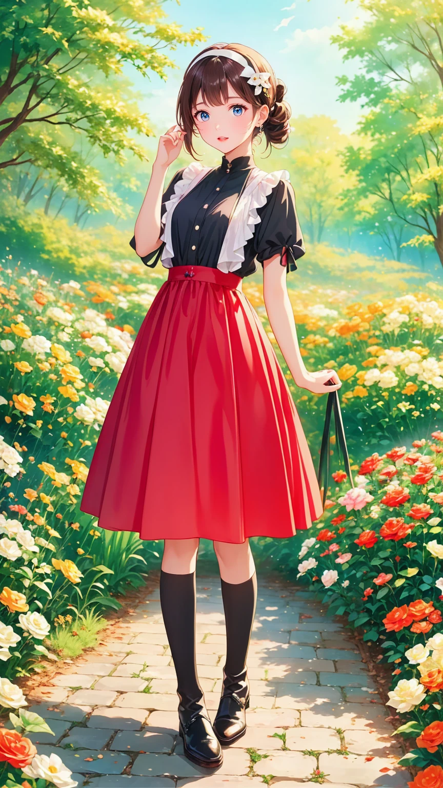   anime style、story、、   pretty girl 、とてもcute天使、  pink gothic dress  、cute、baby face、smile、  Long Skirt 、   black boots 、Very cute headband
