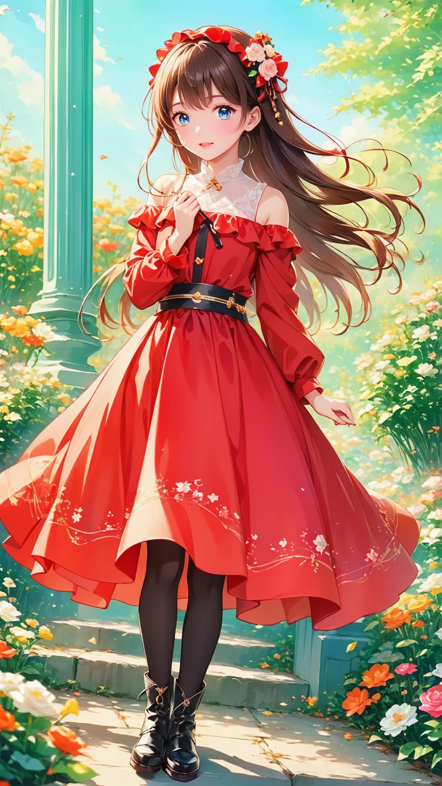   anime style、story、、   pretty girl 、とてもcute天使、  pink gothic dress  、cute、baby face、smile、  Long Skirt 、   black boots 、Very cute headband
