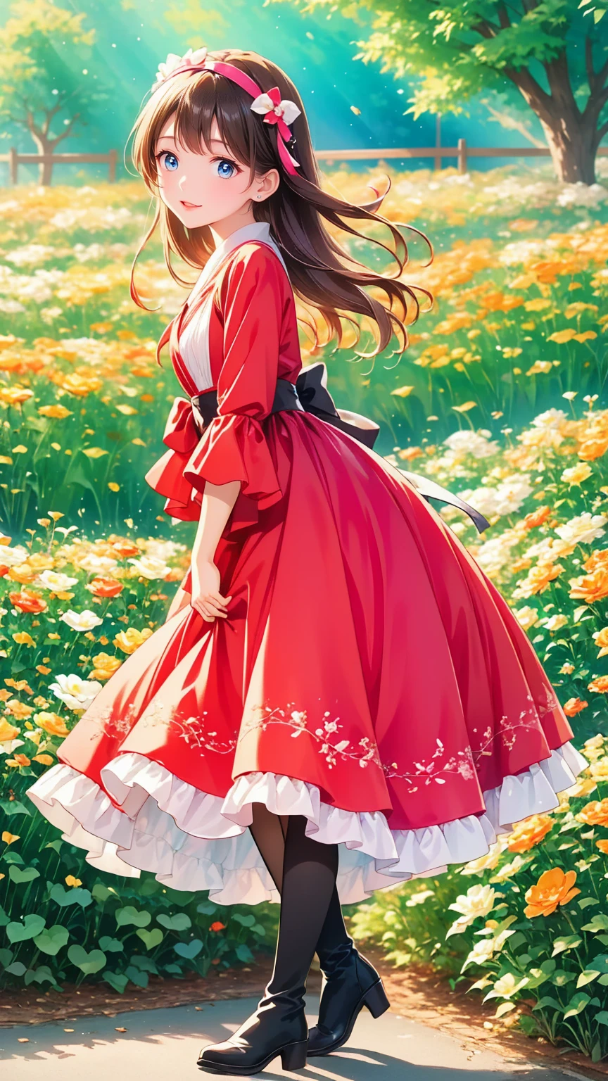   anime style、story、、   pretty girl 、とてもcute天使、  pink gothic dress  、cute、、smile、  Long Skirt 、   black boots 、Very cute headband
