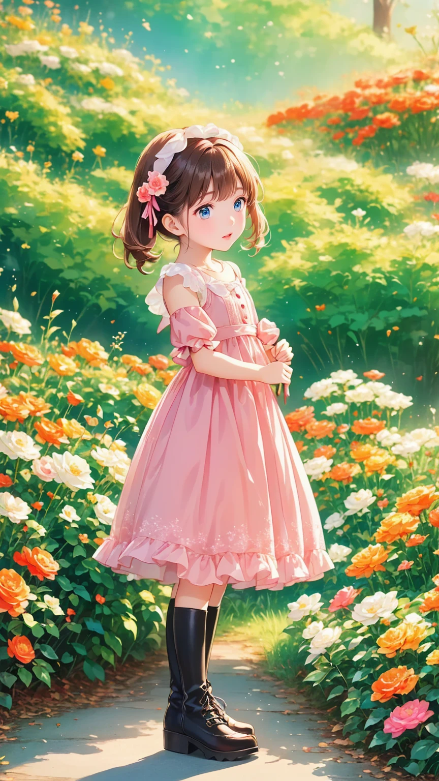   anime style、story、、   pretty girl 、とてもcute天使、  pink gothic dress  、cute、baby face、smile、  Long Skirt 、   black boots 、Very cute headband
