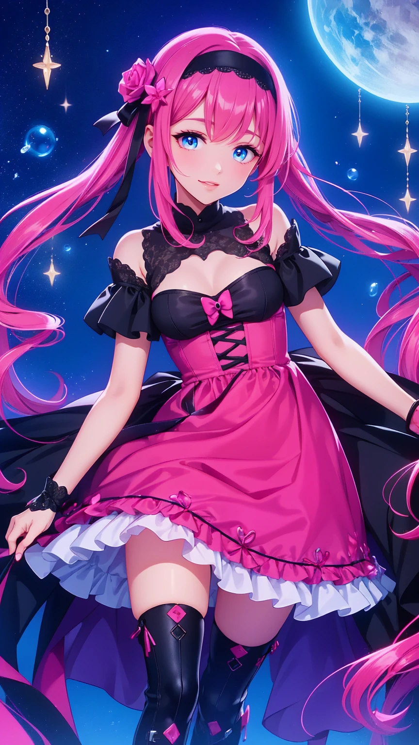   anime style、story、、   pretty girl 、とてもcute天使、  pink gothic dress  、cute、、smile、  Long Skirt 、   black boots 、Very cute headband
