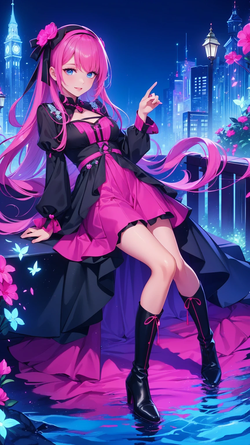   anime style、story、、   pretty girl 、とてもcute天使、  pink gothic dress  、cute、baby face、smile、  Long Skirt 、   black boots 、Very cute headband
