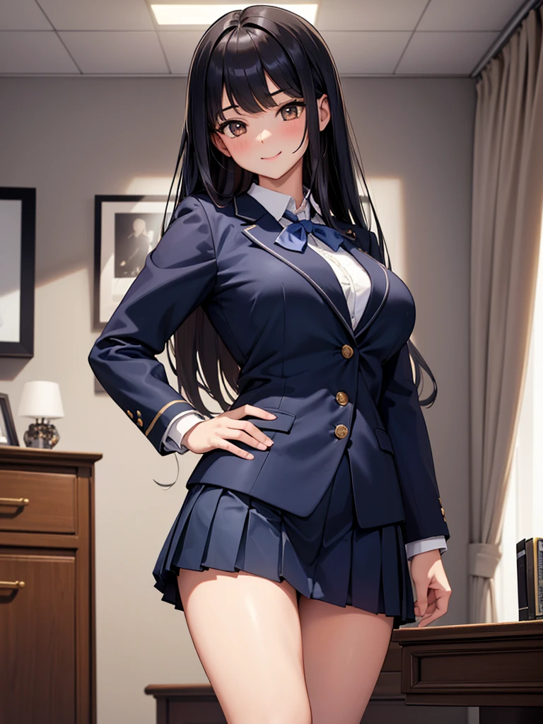 best quality, masterpiece, well detailed, perfect anatomy, (1 pretty girl:1.5), (solo:1.8), black long straight hair, brown eyes, big breast, bige hip, dark blue blazer, dark blue skirt, school uniform, white blouse, in her room, standing, smile, from head to hip, bright image, high contrast, (view from front:1.3), 