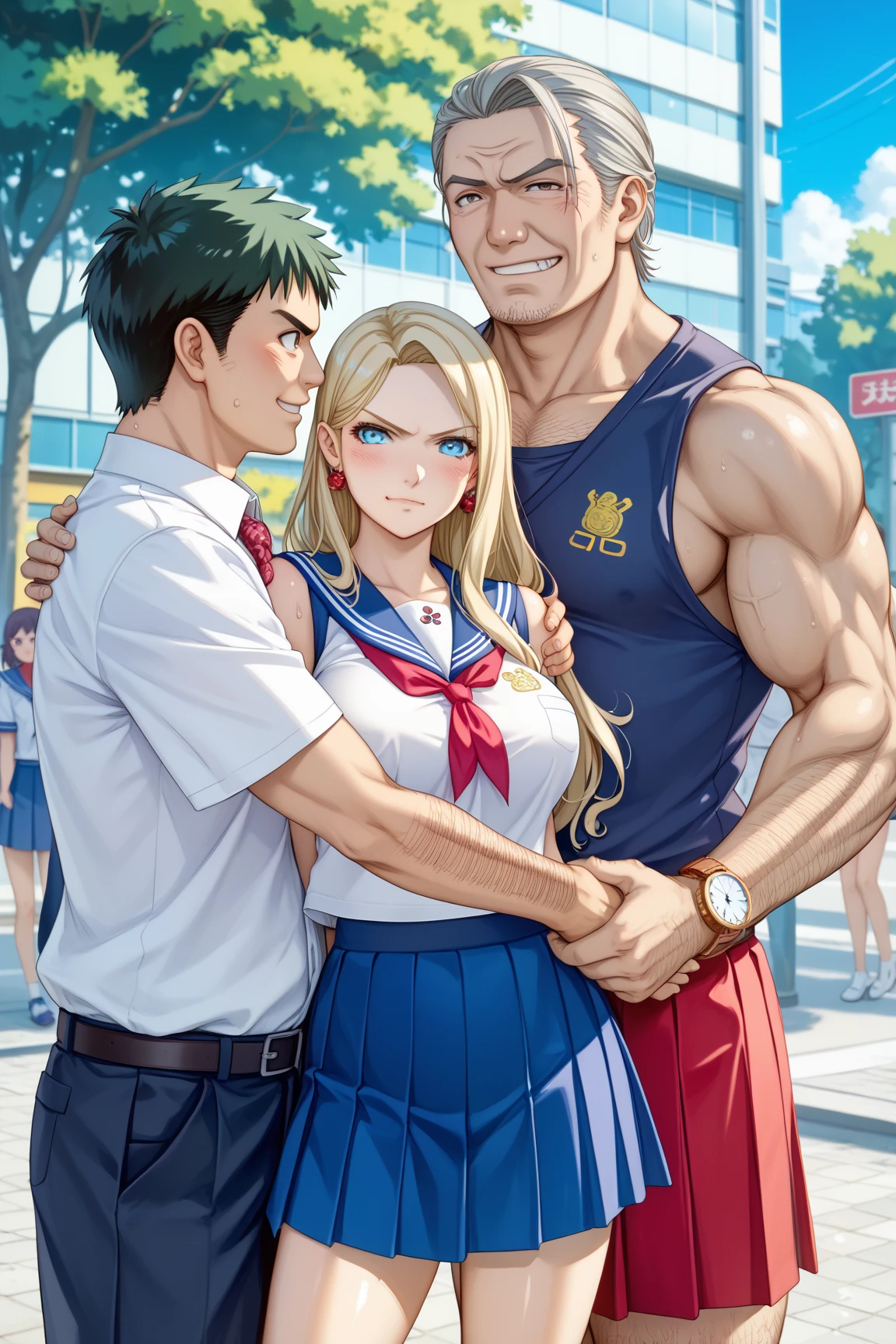 a muscular anime style girl strangling with her hands on her throat another girl also anime style, leaving the other girl desperate to escape, the muscular girl is bigger, blonde and wears a Japanese schoolgirl uniform