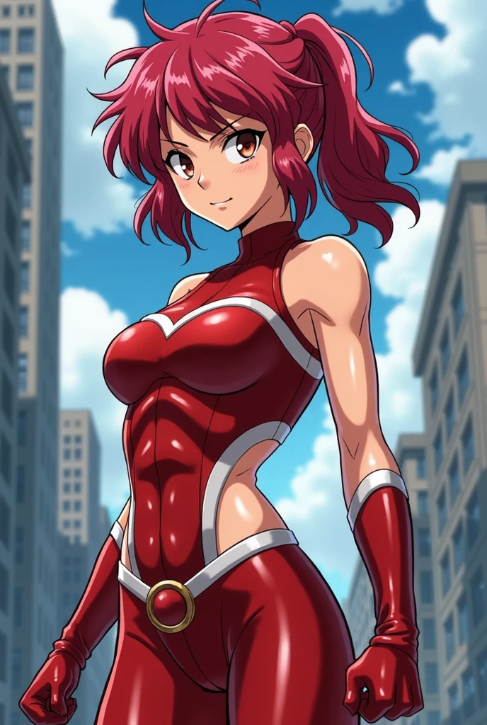(((red strapless wrestling outfit, collar, red boots))), (upper body view, masterpiece, big mouth, 4K, Best Quality, Anime style: 1.9,, Adult Woman, (cloud background), Drawing lines, Anime, lacus4), 1girl, Solo, , Long hair, 鎖骨, scapular, (wide bangs, missy hair, floating hair, Hair Ornament, Detailed reddish-pink hair, golden crest), large hands, (). (Big blue eyes), ((little biceps, slender body, hourglass figure, broad shoulders, closed fists)), ((perfect proportions, medium breasts, cleavage, long belly)), (((mini red wrestling outfit))), ( looking at the viewer, smile),