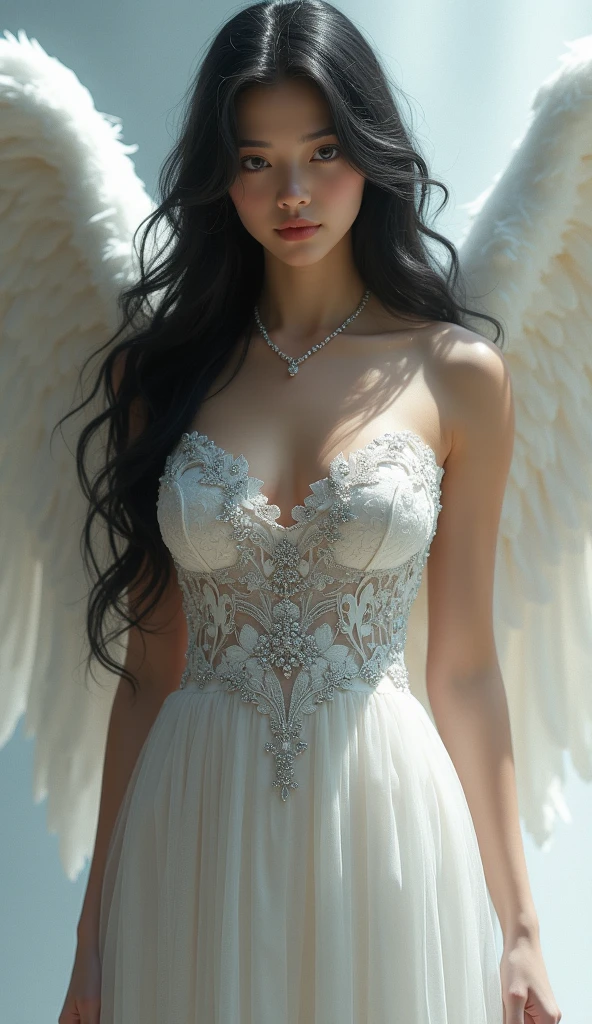 (professional 3d render:1.3) af (Realistic:1.3) most beautiful artwork photo in the world，tmasterpiece，best qualtiy，Private room photos，Star Girl，wedding photo，Full body photo of the front，No chest baring，Breasts become enlarged，Shoulders exposed，No navel，show legs，black lence stockings，White heels，Horsetail hair，Black color hair，Seductive expressions，White wedding dress，Lace craftsmanship，Dignified temperament，still face，Full body photo，Private photos，Angel wings，Angel face，necklace gold，White jade bracelet，Silver-toned stud earrings，White cape