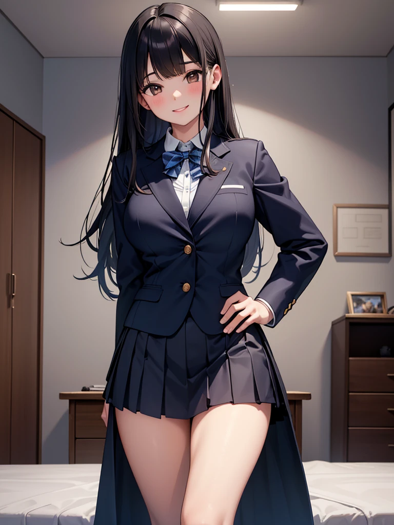 best quality, masterpiece, well detailed, perfect anatomy, (1 pretty girl:1.5), (solo:1.8), black long straight hair, brown eyes, big breast, bige hip, dark blue blazer, dark blue skirt, school uniform, white blouse, in her room, standing, smile, from head to hip, bright image, high contrast, (view from front:1.3), 4K quality