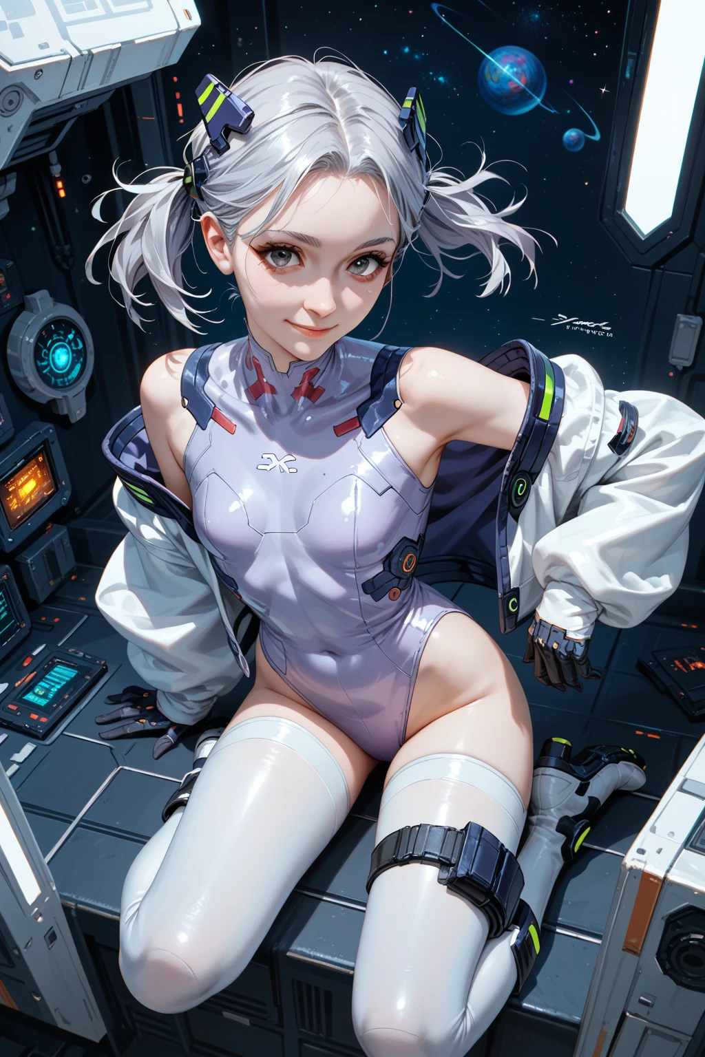 japanes、flat chest、High-leg pilot suit、The whole body can be seen from directly below、Delicate body、Silver-haired ponytail、Beautiful open legs