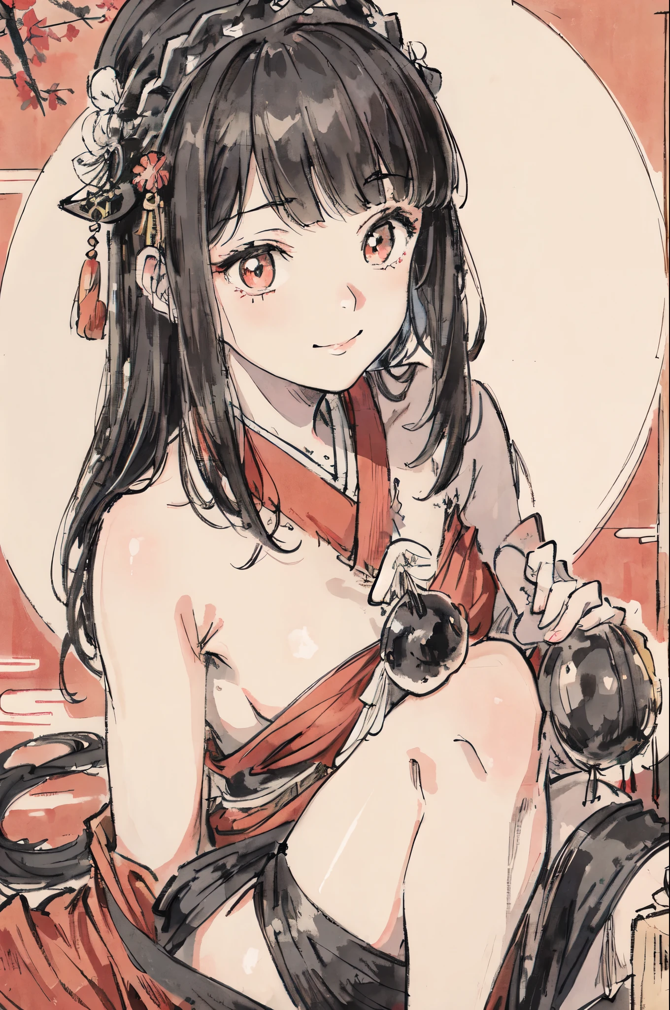 Watercolor style、pale colour、Hand-drawn style、high school girl、smile、Embarrassed、blush、Black Hair、ponytail、Big Breasts、Nipples、Female organ、Thick pubic hair、Completely naked、sit、Spread your legs wide、Butt、locker room