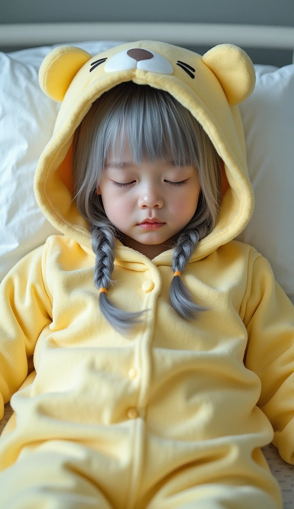 anime style, 8 year old girl, clear skin, green eyes, tousled shoulder length brown hair, with golden bells tied to their small deer antlers, Wearing a red wool French hood and a yellow sweatshirt, asleep
