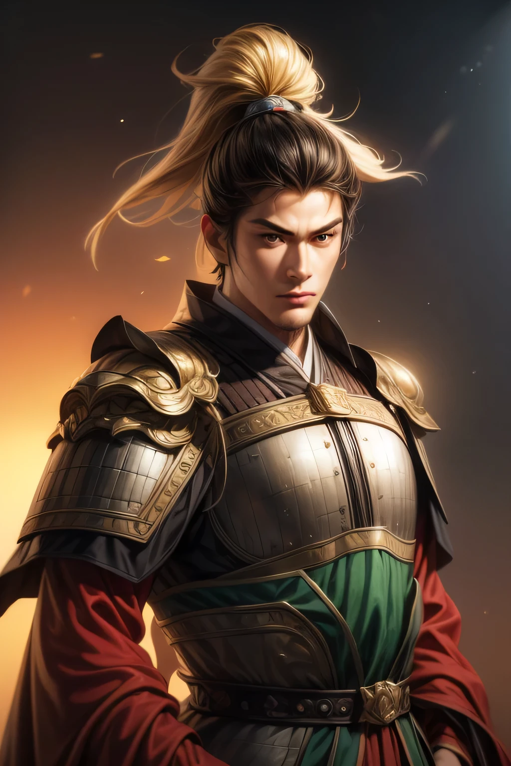 Han Dynasty Landscape、Three Kingdoms、(Highest quality,4K,8k,High resolution,masterpiece:1.2)、Very detailed, High resolution,hyper HD、Studio Lighting、Ultra-fine painting、 Sharp focus、 Physically Based Rendering、 Very detailed explanation、 Professional、 Vibrant colors、Traditional Chinese Painting Techniques、 Atmospheric lighting、 Vivid color contrast、Very detailed目と顔、 Beautiful attention to detail、 Light on the face、boy wearing armor、(armor: 1.1)、Eyes are green、(((1 boy))、Anatomically correct、Dynamic Pose, more than half body, less than full body