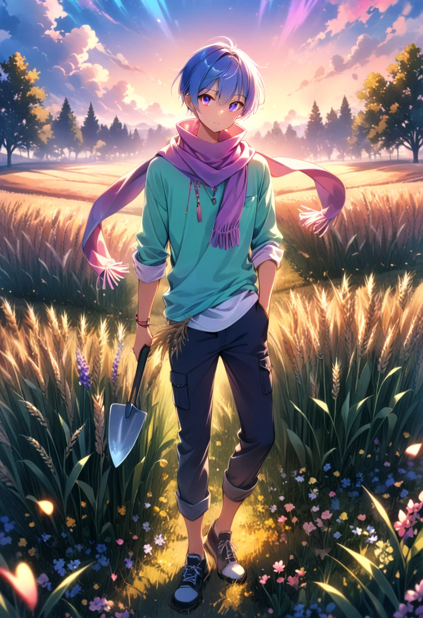 core_9, score_8_up, score_7_up, anime, 1 guy, Clothing Shirt , trousers,  Rolled up sleeves , gang , field, Shovel in hand,  A scarf in your pocket, magic color ,  Complex Details , Wonderful,  wheat spikelets , bright colors,  best quality, masterpiece,  Full Height,