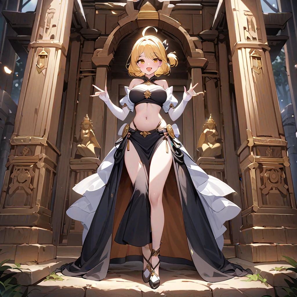 blonde mage, short blonde hair, white and golden micro bikini, big breasts, wide hips, thick thighs, golden tiara with red gem, holding a staff of light, light magic, divine light hall background
