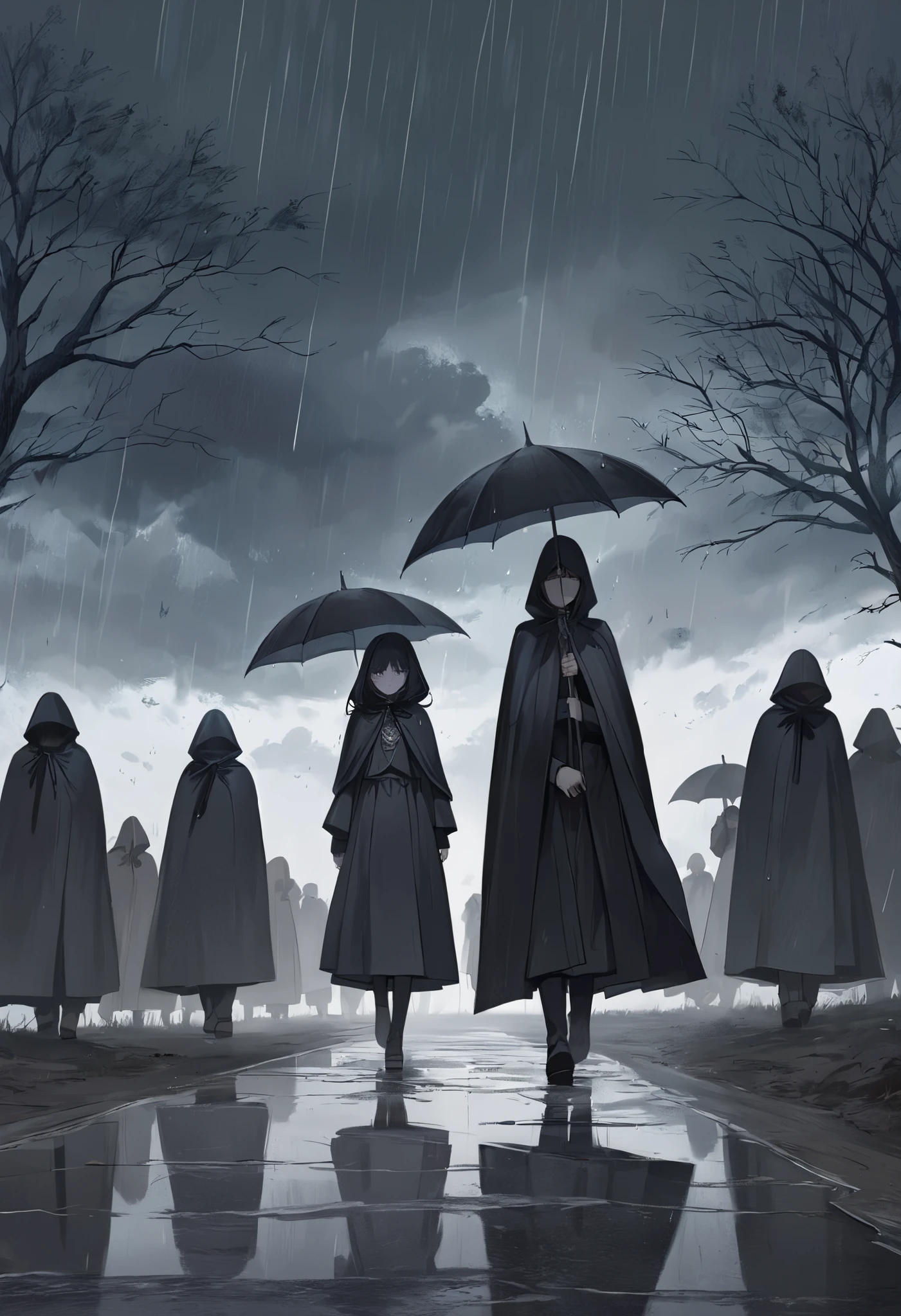 illustration, best quality, cinematic composition, solemn funeral procession, figures dressed in black cloaks, walking slowly under a gray rain-soaked sky, their faces shadowed and somber, raindrops falling gently, muddy path stretching into the distance, a single faint light breaking through the heavy clouds, distant silhouettes of leafless trees, melancholic and dramatic atmosphere, reflective and sorrowful mood