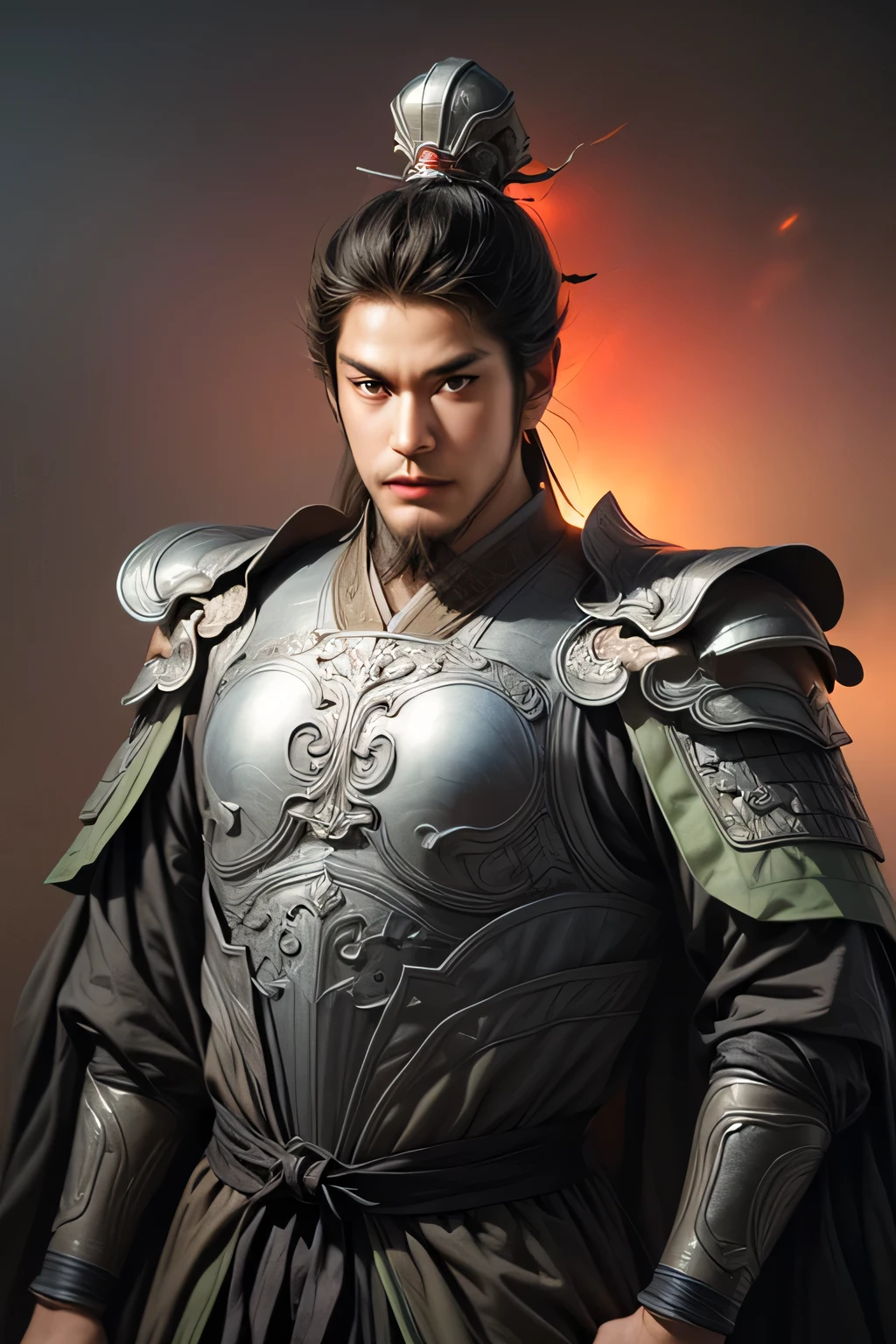 Han Dynasty Landscape、Three Kingdoms、(Highest quality,4K,8k,High resolution,masterpiece:1.2)、Very detailed, High resolution,hyper HD、Studio Lighting、Ultra-fine painting、 Sharp focus、 Physically Based Rendering、 Very detailed explanation、 Professional、 Vibrant colors、Traditional Chinese Painting Techniques、 Atmospheric lighting、 Vivid color contrast、Very detailed目と顔、 Beautiful attention to detail、 Light on the face、boy wearing armor、(armor: 1.1)、Eyes are green、(((1 boy))、Anatomically correct、Dynamic Pose, more than half body, less than full body