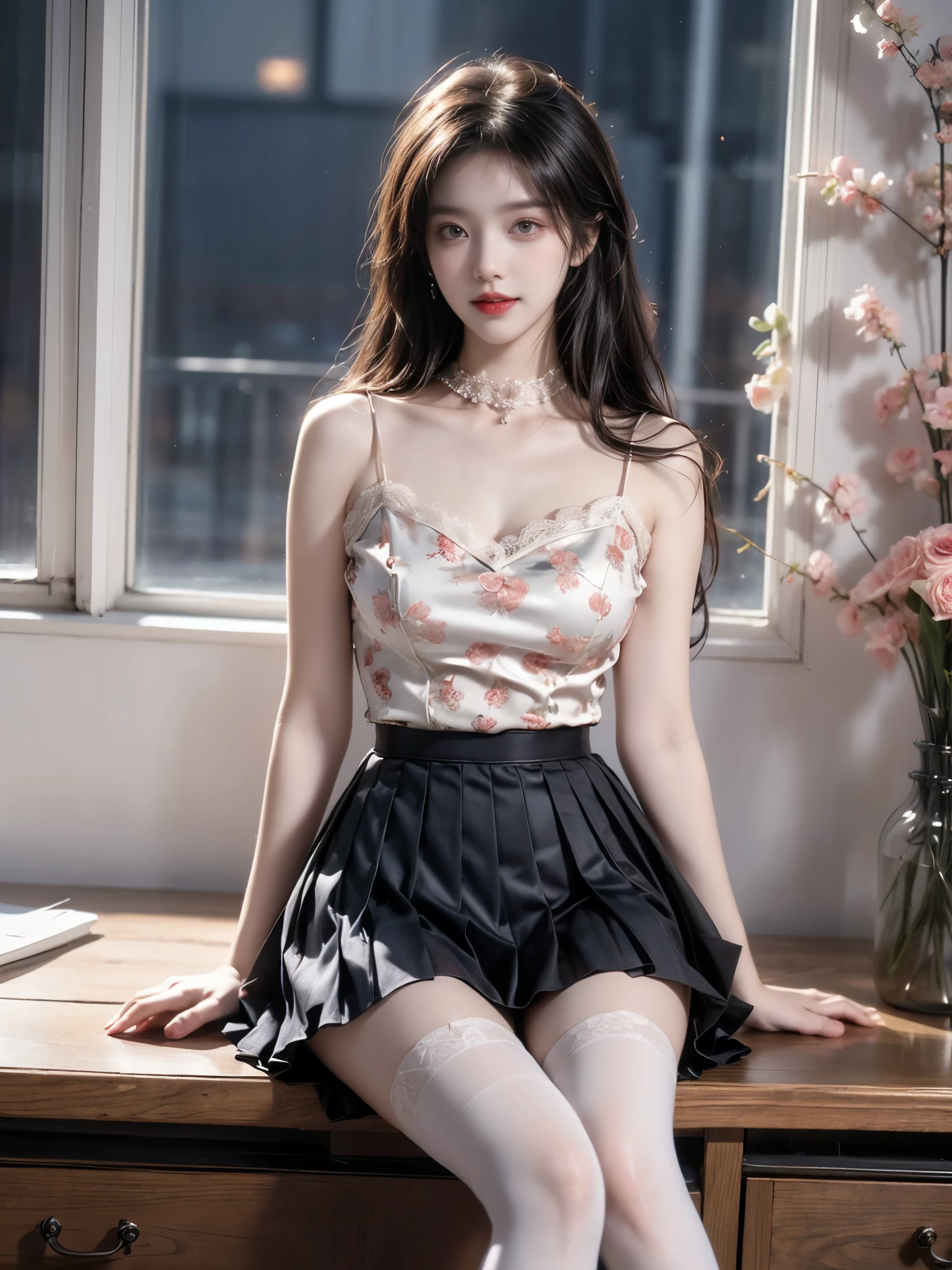 floral print, metal corset, pleated micro skirt, lace trim, choker, thighhighs ((full body)), (photorealistic:1.2), (Dark colors, dark styles),1girl, young woman, (Very short hemline, revealing sexy long legs, natural elegant sitting posture), (Glass texture, transparent color), (Full breasts, visible cleavage, long slender legs), (perfect face), (Random scene, random shooting Angle), sitting pose, elegant posture, hand playing with hair, flowing hair in wind, another hand lifting skirt hem, bright genuine smile showing teeth, (detailed facial features:1.3), smooth skin, soft lighting, depth of field, high quality, masterpiece, best quality, ultra detailed, 8k uhd, film grain, subsurface scattering