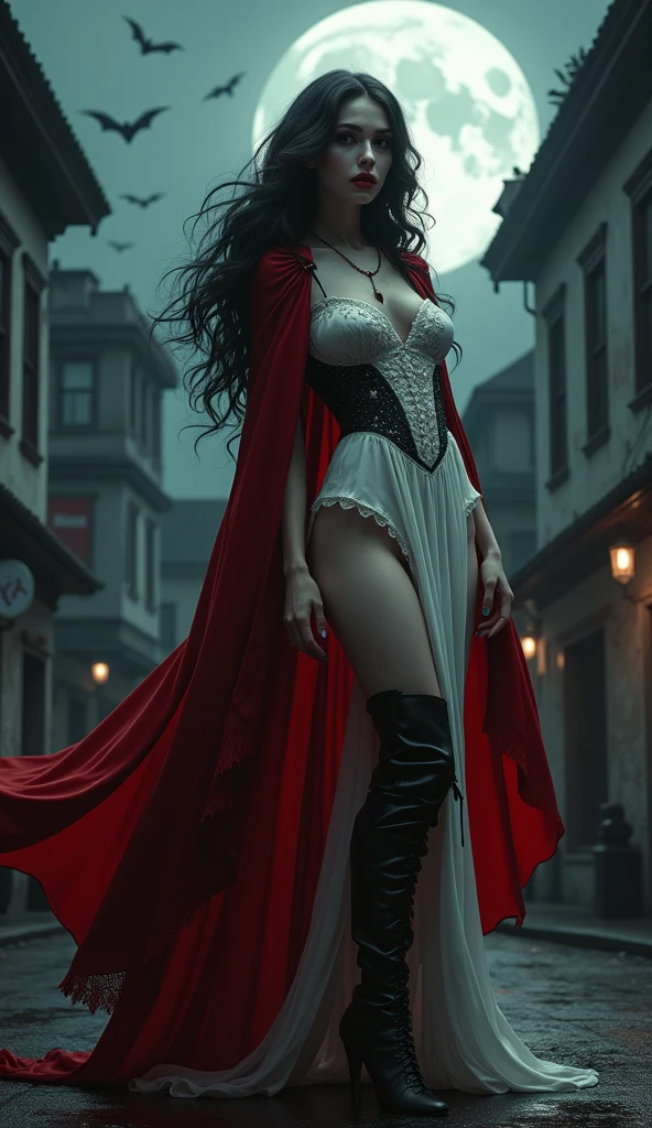 fantasy art, gothic art, (masterpiece:1.5), full body best details, highly detailed, best quality, Glowing Red, highres, full body portrait of a vampire, elf (Masterpiece, best quality: 1.6), ultra feminine, wizard, (intricate details, Masterpiece, best quality: 1.5) with a long curvy hair, light color hair, red eyes, busty,  ((beautiful delicate face)), Ultra Detailed Face (intricate details, fantasy art, Masterpiece, best quality: 1.5), ((vampiric fangs 1.5)) (red cloak: 1.3) , flowing cloak (intricate details, fantasy art, Masterpiece, best quality: 1.3), wearing an intricate (black: 1.2) silk dress (intricate details, fantasy art, Masterpiece, best quality: 1.5), high heeled boots, fantasy urban background (intense details, beat details), fantasy, at night light, natural ,moon light, clouds, gothic atmosphere, soft light, dynamic light, [[anatomically correct]], high details, best quality, 8k, [ultra detailed], masterpiece, best quality, (extremely detailed), dynamic angle