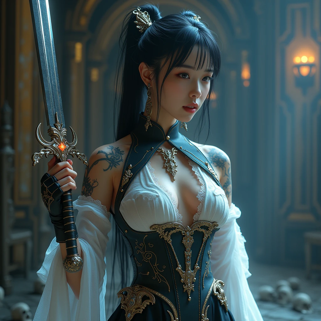  there is a woman in a black and white outfit holding a sword, a screenshot inspired by Pu Hua, trending on cg society, rococo, sharp silver armor fuchsia skin, glossy white armor, alluring mesmer woman, 8 k character details, drakengard, blade and soul, in monster hunter armor, ornate bikini armor