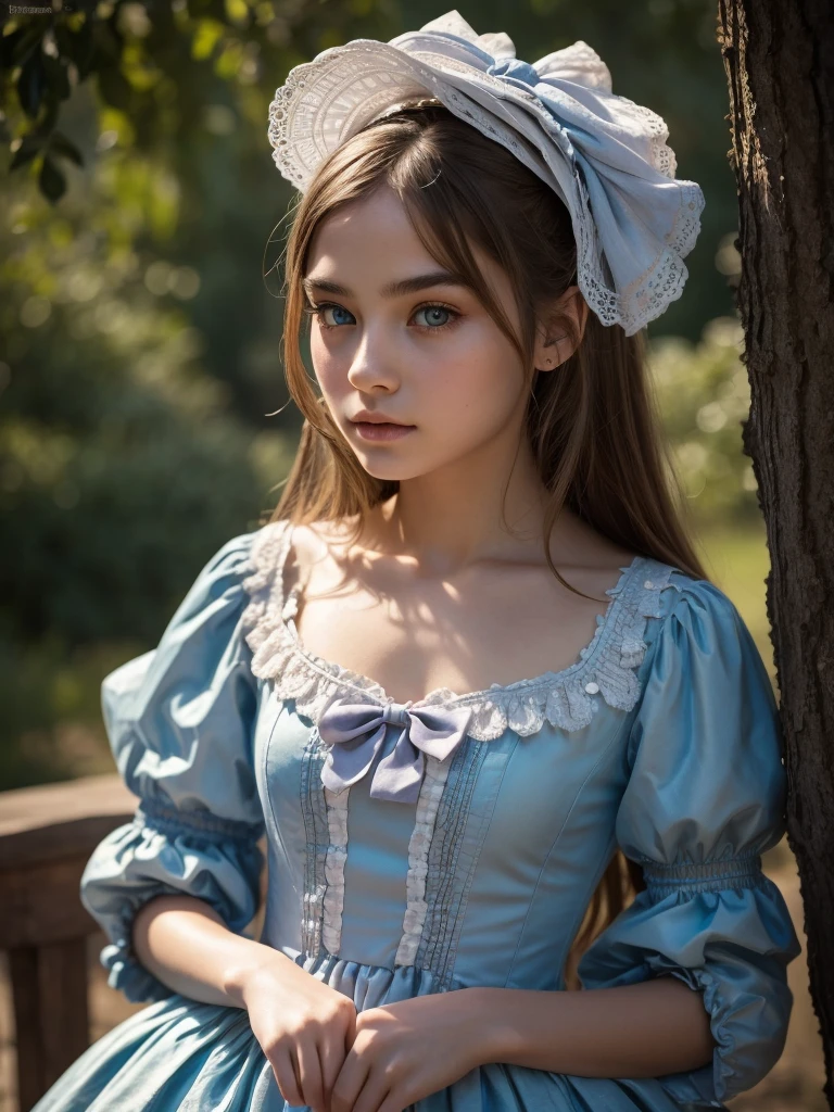 A 21 year old girl, she has light brown hair, brown eyes, small lips, upturned nose, large forehead, medium bust, straight hair, she is wearing a dress from the 1800s, she is paraplegic, and is sitting in a wheelchair, she is conservative in her personality,