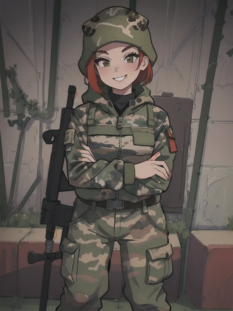 girl with smile and red short hair, with a camouflage jacket, camouflage balaclava, camouflage pants 