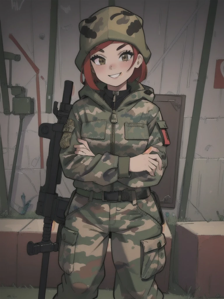 girl with smile and red short hair, with a camouflage jacket, camouflage balaclava, camouflage pants 