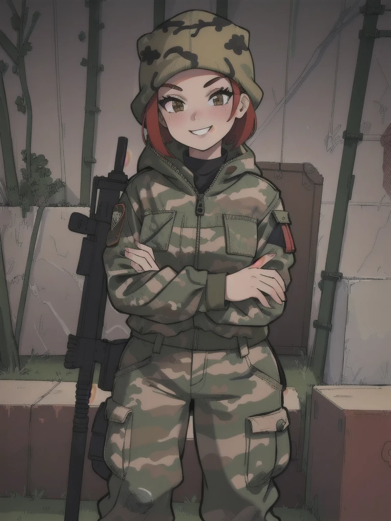 girl with smile and red short hair, with a camouflage jacket, camouflage balaclava, camouflage pants 