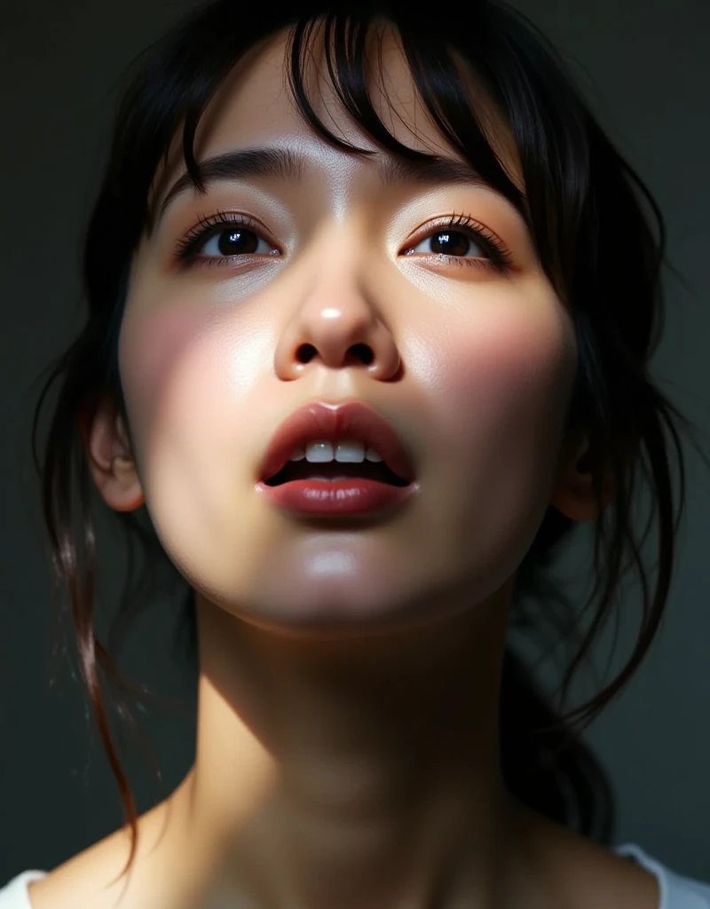 (High quality film shot with detailed depictions: 1.6), Extreme close-up of an Asian woman's face with messy black hair and piercings. Minimal make-up accentuates the skin details and her thin lips are open. Strong light shines on her nose and mouth, while dark shadows cover the rest of her body. The contrast between strong light and dark shadows adds depth to the realistic expression of her orgasmic moment. (Very sweaty skin: 1.8), Mouthful, a woman reaching the peak of orgasm, an extreme close-up of a woman's face filling the screen.