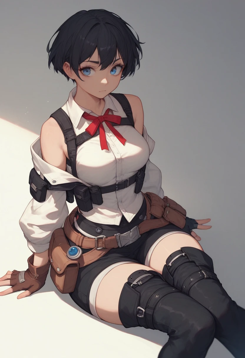 tino_shade, 1girl, short hair, black hair, red ribbon, blue eyes, medium breasts, white shirt, ribbon on neck, black vest, strapped vest, off shoulder, sleeves, brown gloves, fingerless gloves, wide hips, belt, pouch, black thigh high, black thigh boots,
anime coloring