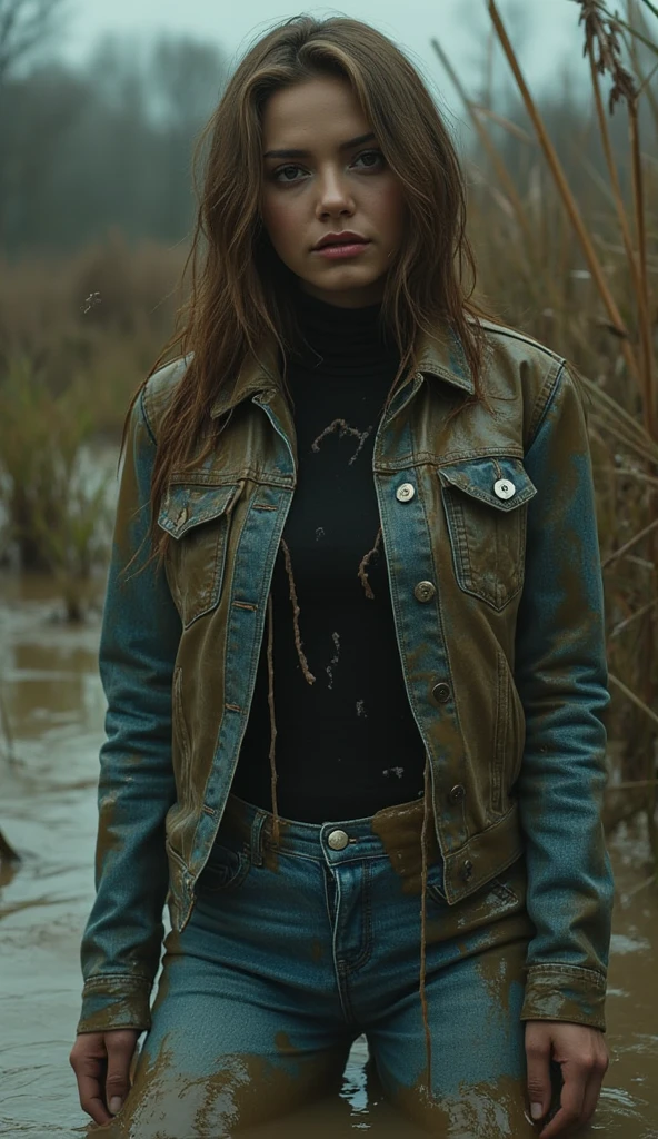 ( Best quality,4K, high definition , Realistic, vintage art 90s), close-up stuck woman ,  plunged into a viscous messy sludge, turtleneck, denim jeans, denim jeans,  tight denim jacket , wild and creepy nature environment , A vintage dark and mysterious , weed , Soft Lighting ,muted colors, viscous sludge, reeds, shameful pleasure, dusk weed, covered in  viscous messy sludge, 