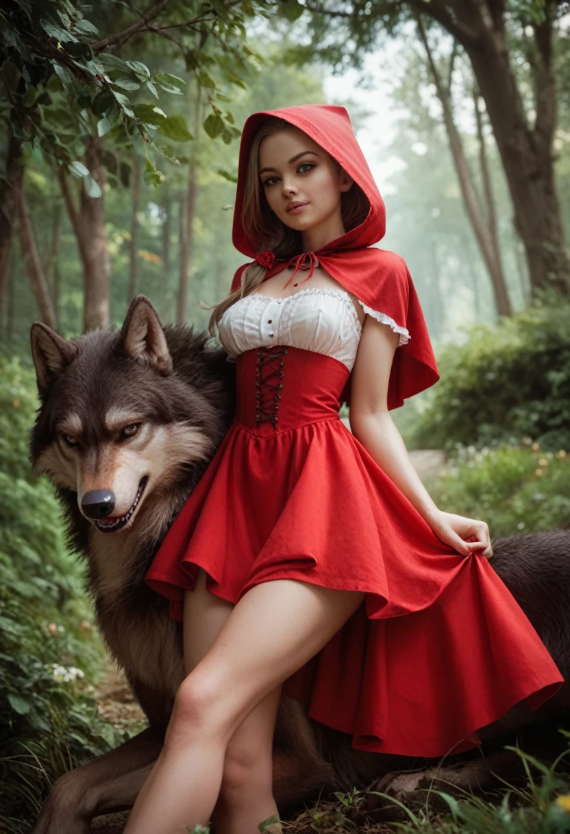 (European Beautiful Girl)、(Super beautiful)、(beauitful face:1.5)、(A detailed face)、( Little Red Riding Hood sitting on a chair in a forest hut)、(Wearing a red hood:1.2)、(with spreading legs:1.2)、(Show me my white panties from under my skirt:1.1)、(Red mini skirt)、(middlebreasts)、(Dressing)、(wolf next to her:1.7)、(At SFW:1.5)