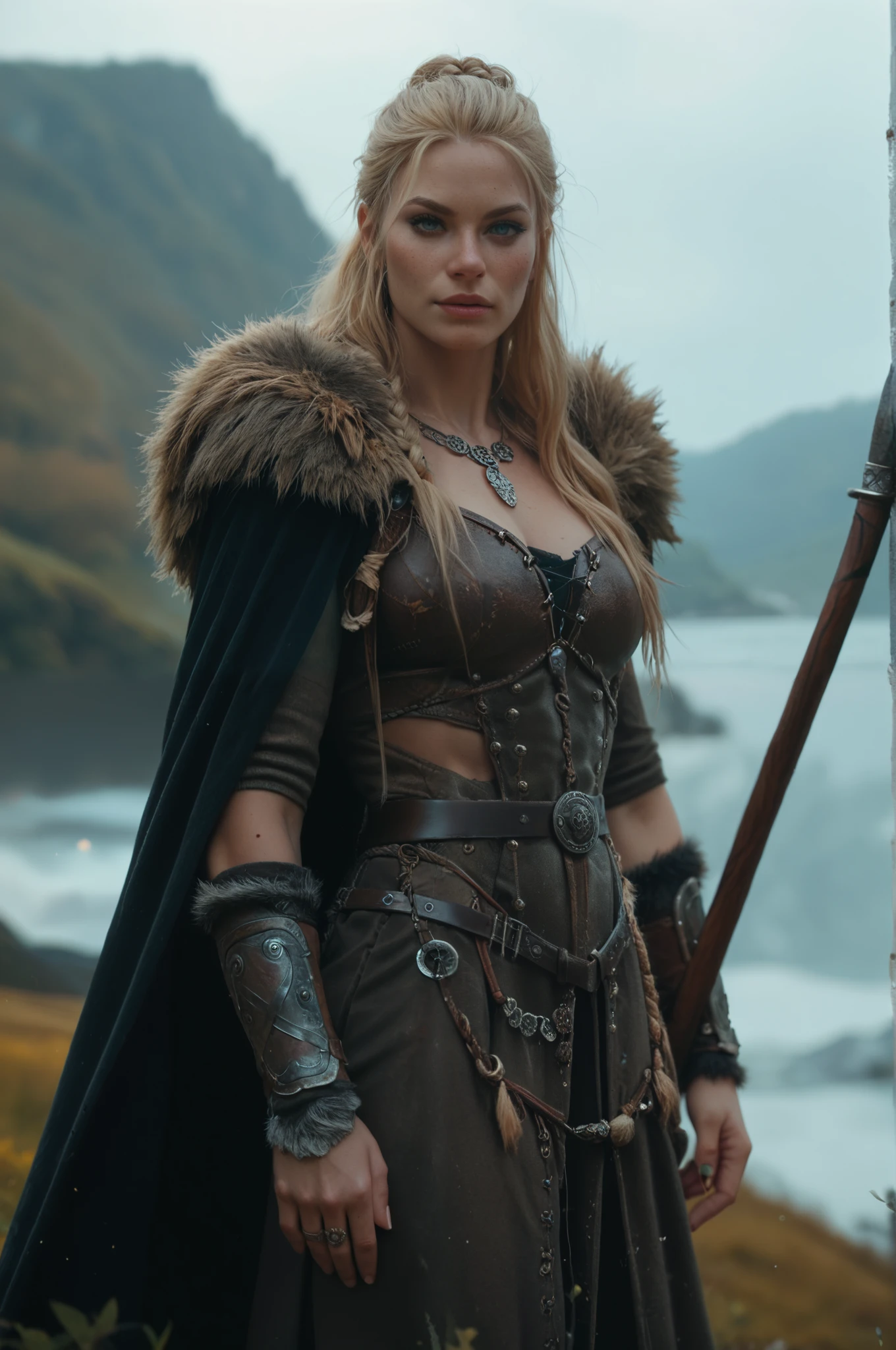 Jeune femme de 25 ans, visage fin, cheveux long, cheveux blonds, couronne de fer, yeux marrons, HD, 8K, masterpiece, sourire romantique, sexy, tenue viking, outfit made of leather and metal, dans un fjord, village viking, de nuit, Milky Way, tatouage viking